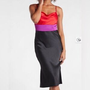 NWT Express Satin Color block Cowl Neck Midi Slip Women’s Dress Size M